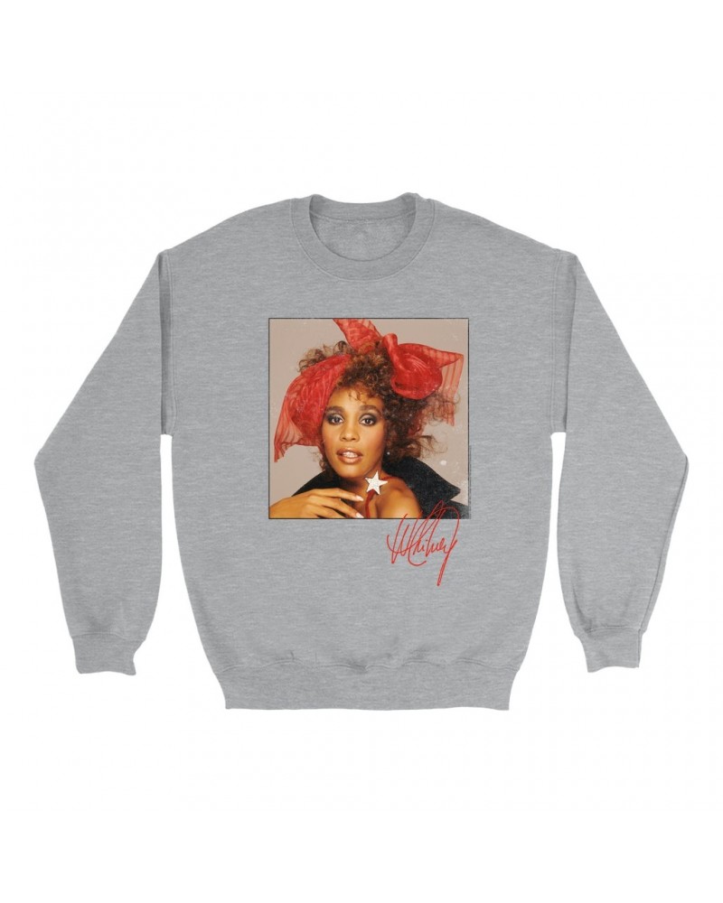 Whitney Houston Sweatshirt | Whitney Red Star Photo With Signature Distressed Sweatshirt $6.82 Sweatshirts